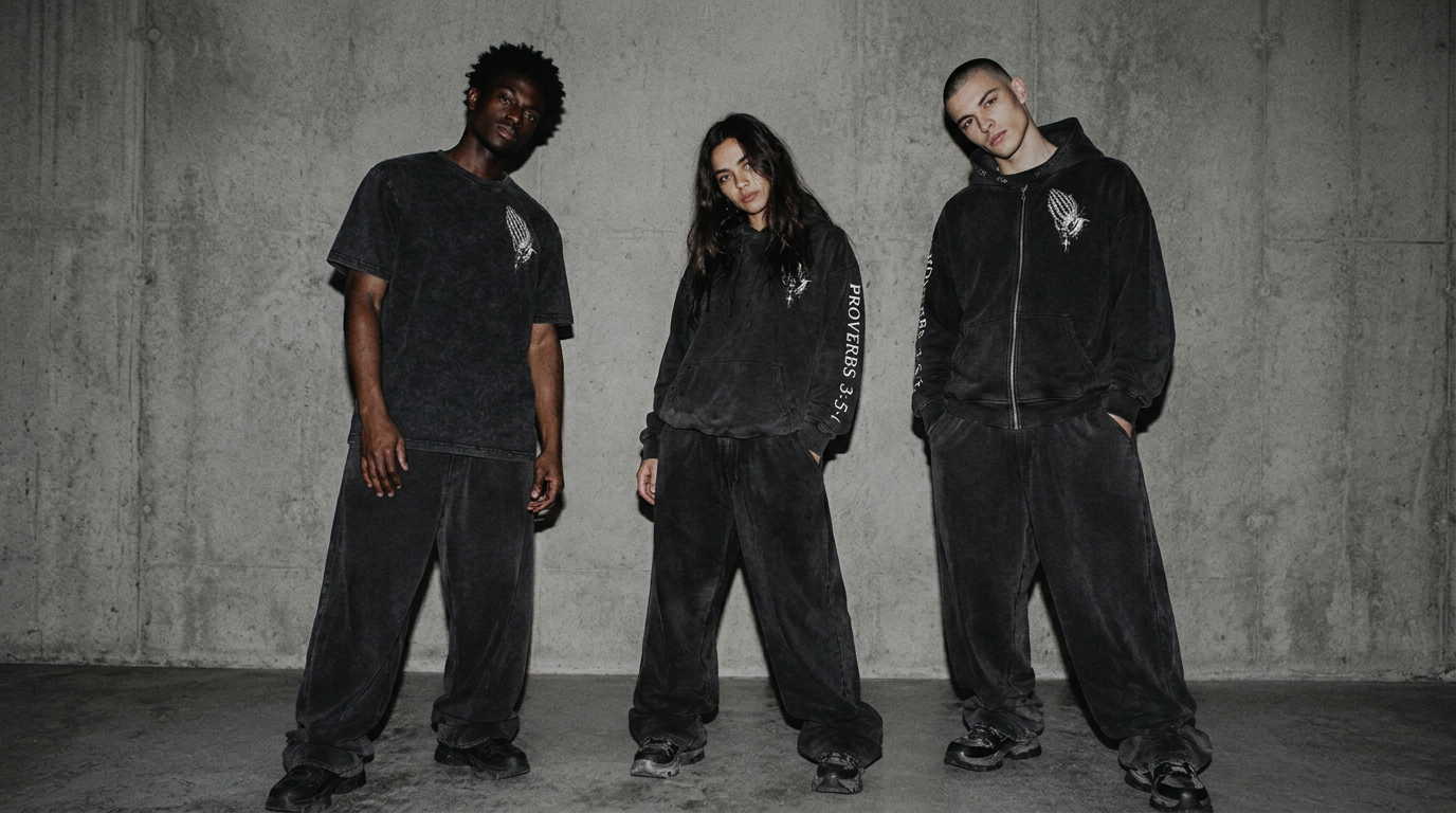 Three models wearing the washed black Proverbs T-shirt, long sleeve and zip hoodie